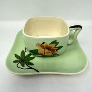 Weil Ware California Pottery Cup & Plate Set Hand Decorated Bamboo Lotus Vintage